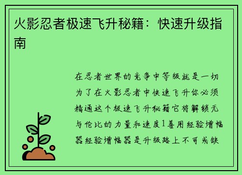 火影忍者极速飞升秘籍：快速升级指南